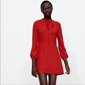Zara Woman Red Tie bow neckline long sleeves mini dress